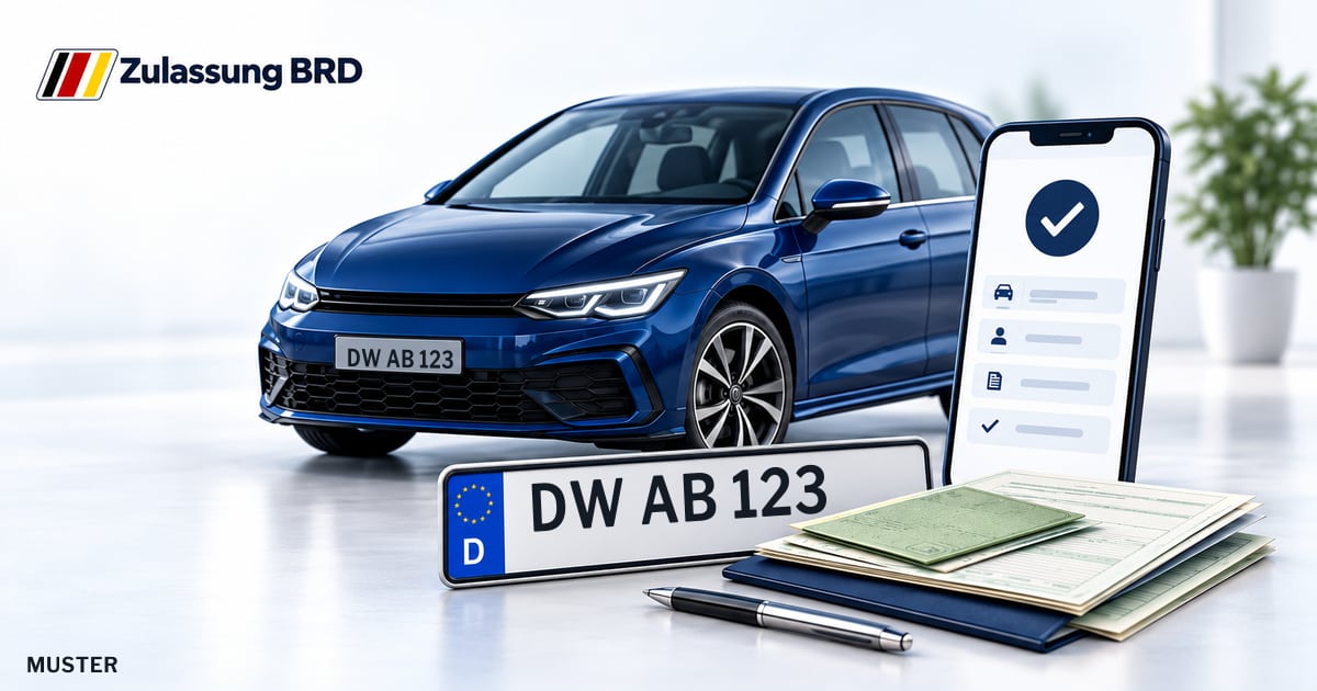 Online Fahrzeugzulassung in Landkreis Sächsische Schweiz-Osterzgebirge: Musterkennzeichen DW AB 123, Auto und Fahrzeugpapiere und Smartphone. Illustration mit Logo von Zulassung BRD.